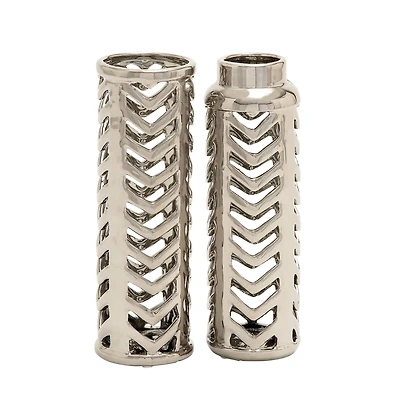 Set of 2 Silver Stoneware Glam Vase, 4" x 11"