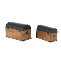 Brown Studded Storage Trunk with Black Metal Arched Tops & Vertical Strips Set