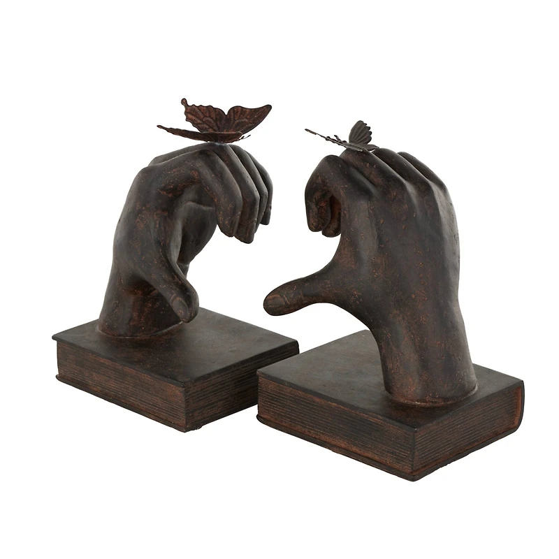 7.5" Dark Brown Hands Heart Inspired Decorative Bookend Set with Butterfly & Copper Accents