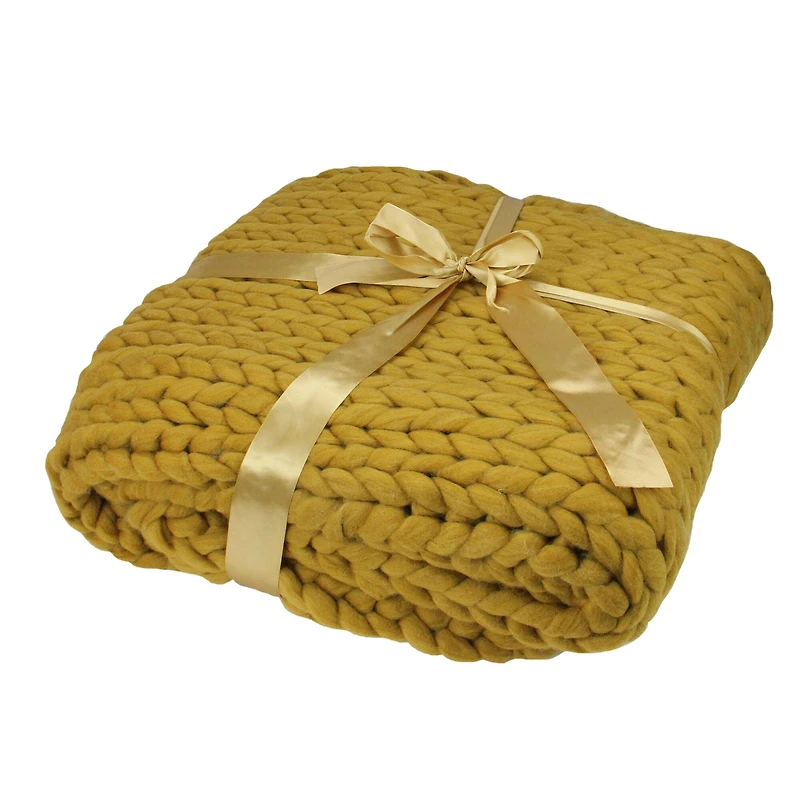 Golden Mustard Cable Knit Plush Throw Blanket