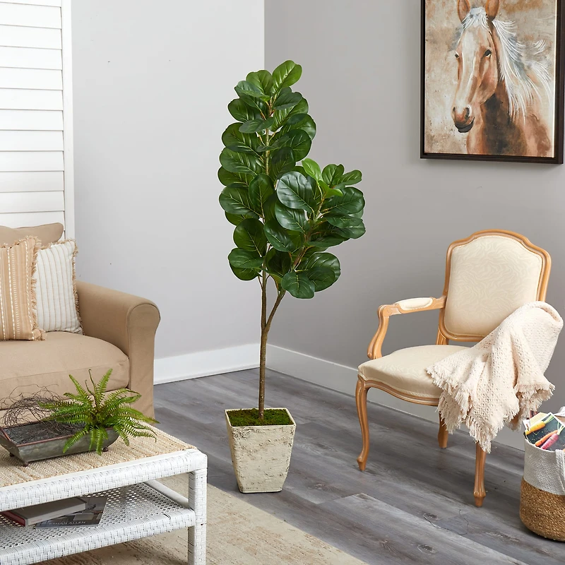 5.5ft. Fiddle leaf Fig Artificial Tree in Country White Planter
