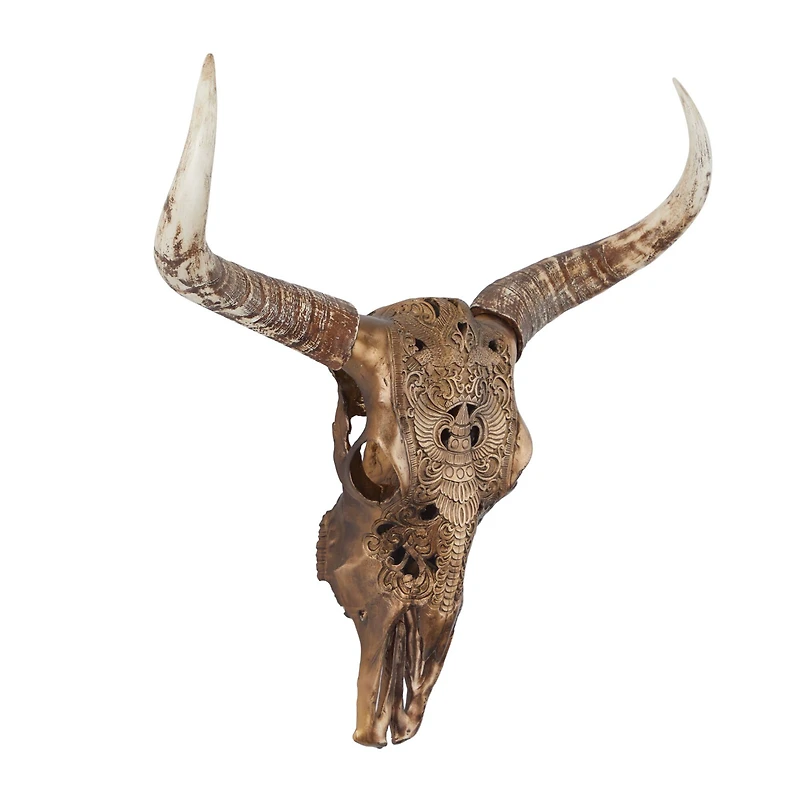 Bronze Polystone Carved Skull Cow Wall Decor 28" x 7" x 30"