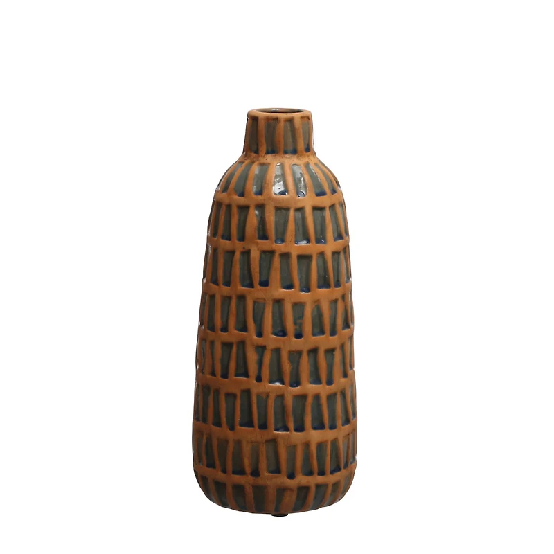 Hello Honey® 14" Natural & Blue Debossed Terra Cotta Vase