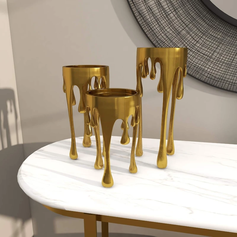 CosmoLiving by Cosmopolitan Gold Aluminum Pillar Candle Holder with Dripping Melting Designed Legs Set
