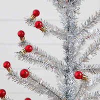 3ft. Artificial Retro Silver Tinsel Christmas Tree with 45 Red Mini Ornament Balls and Wooden Base