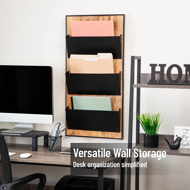 Mind Reader 3-Tier Wall-Mounted File Organizer, Wood and Metal Vertical Rack for Mail, Magazines, and Documents, Black