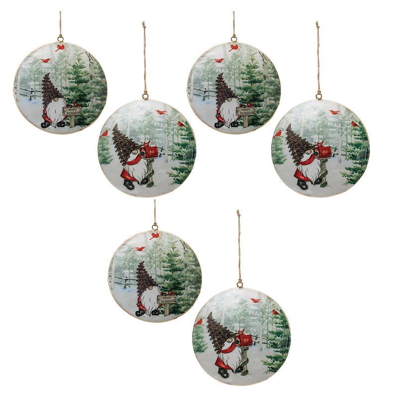 6" Gnome Cardinal Forest Metal Disc Ornaments Set