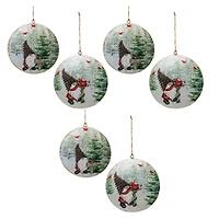 6" Gnome Cardinal Forest Metal Disc Ornaments Set