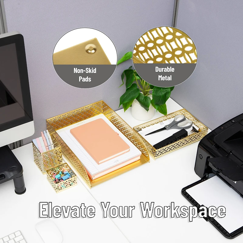 Mind Reader Gold Desk Organizer Set, Includes Pen Cup, Catchall Tray, File Box & Paper Tray, 4-Piece Metal Desktop Accessory Kit