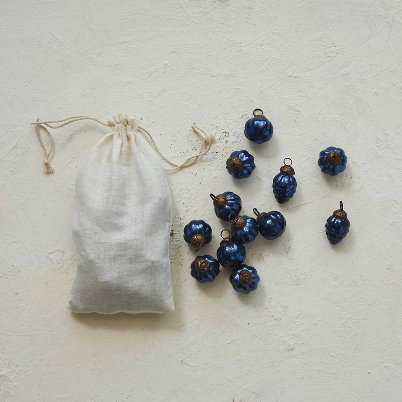 Hello Honey® 36 Pack 1" Blue Embossed Mercury Glass Ornaments in Muslin Bag