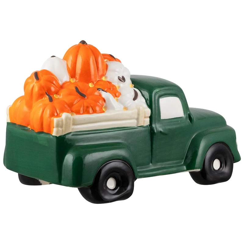 9.5" LED Lighted Green Ceramic Truck Hauling Pumpkins Autumn Harvest Decoration