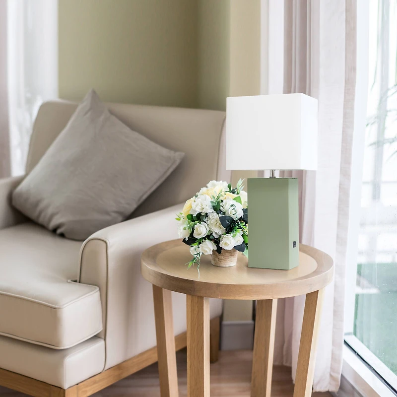 Lalia Home Lexington 21" Sage Green Leather Base Table Lamp with USB Port