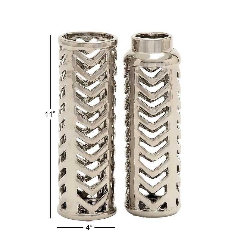 Set of 2 Silver Stoneware Glam Vase, 4" x 11"