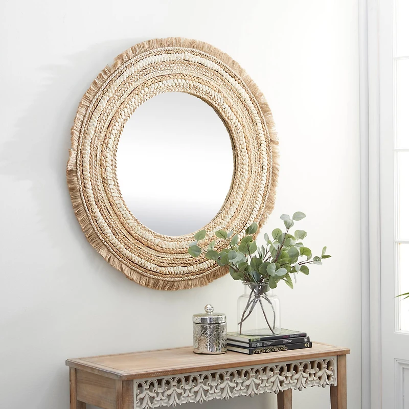 Beige Boho Style Wood Wall Mirror