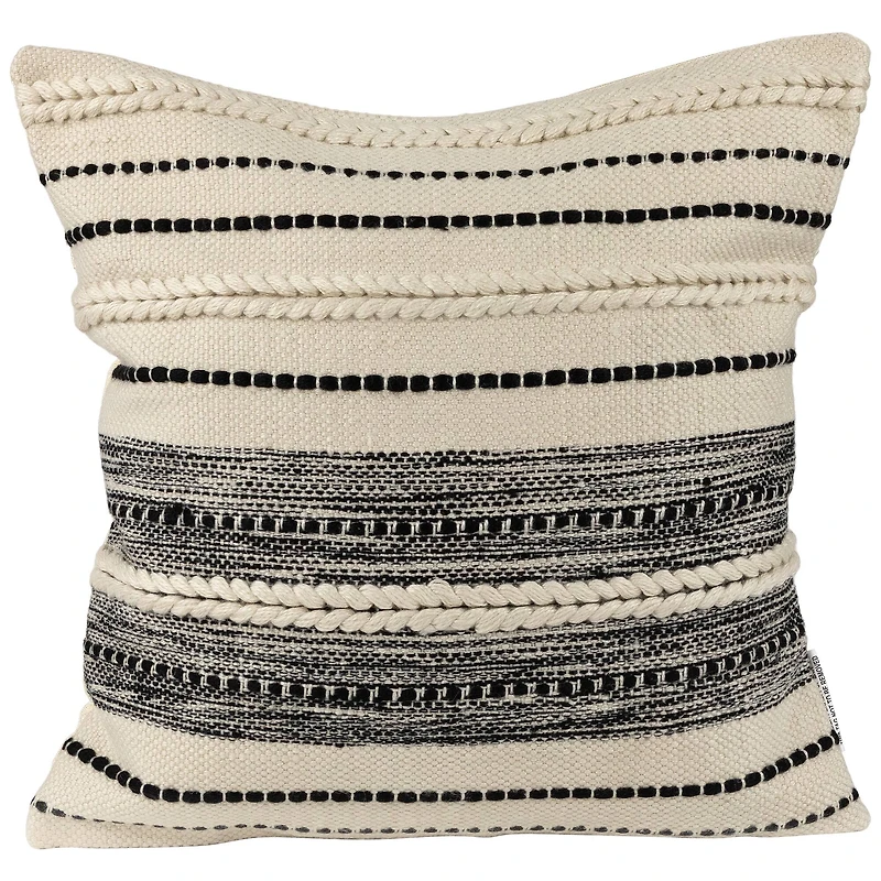 Cream & Black Twisted Textured Block Handloom Woven Outdoor Square Cushion