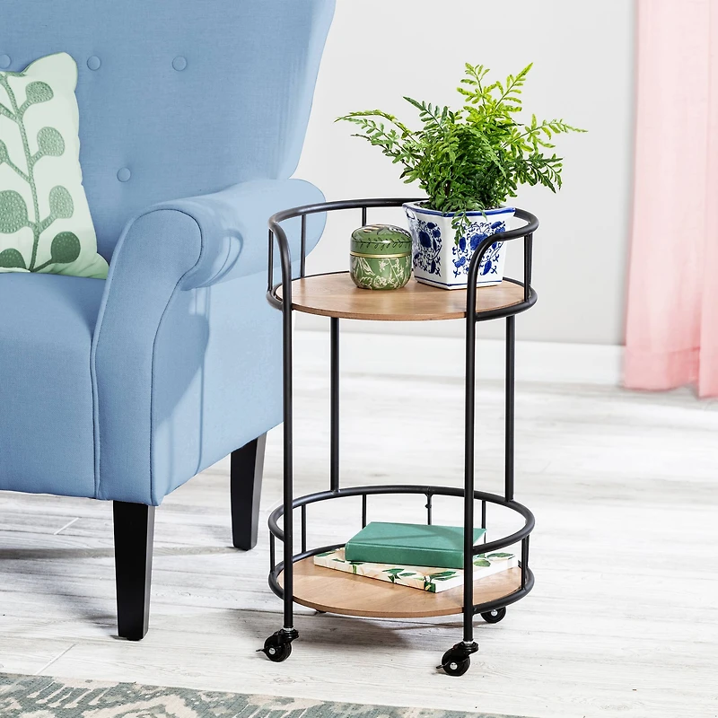 Honey Can Do Black & Natural 2-Tier Round Side Table with Wheels