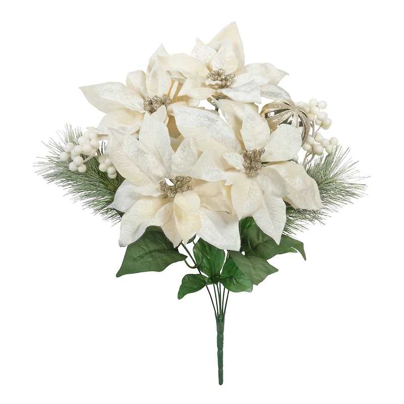 19" Champagne Poinsettia, Pine & Ornament Deluxe Bush by Ashland®