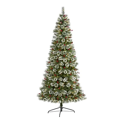 8ft. Pre-Lit Frosted Swiss Pine & Berries Artificial Christmas Tree with Clear LED Lights
