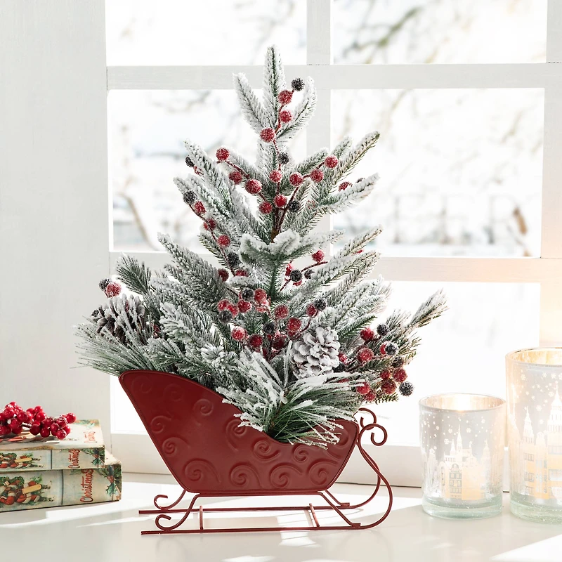 Glitzhome® 21" Christmas Red Sleigh Frosted Floral Centerpiece