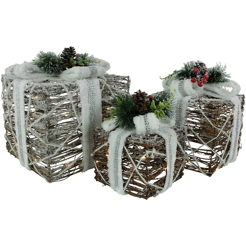 LED Gift Boxes with Pine & Berries Christmas Decoration Set
