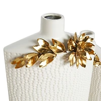 White & Gold Leaf Accent Ceramic Vase Set