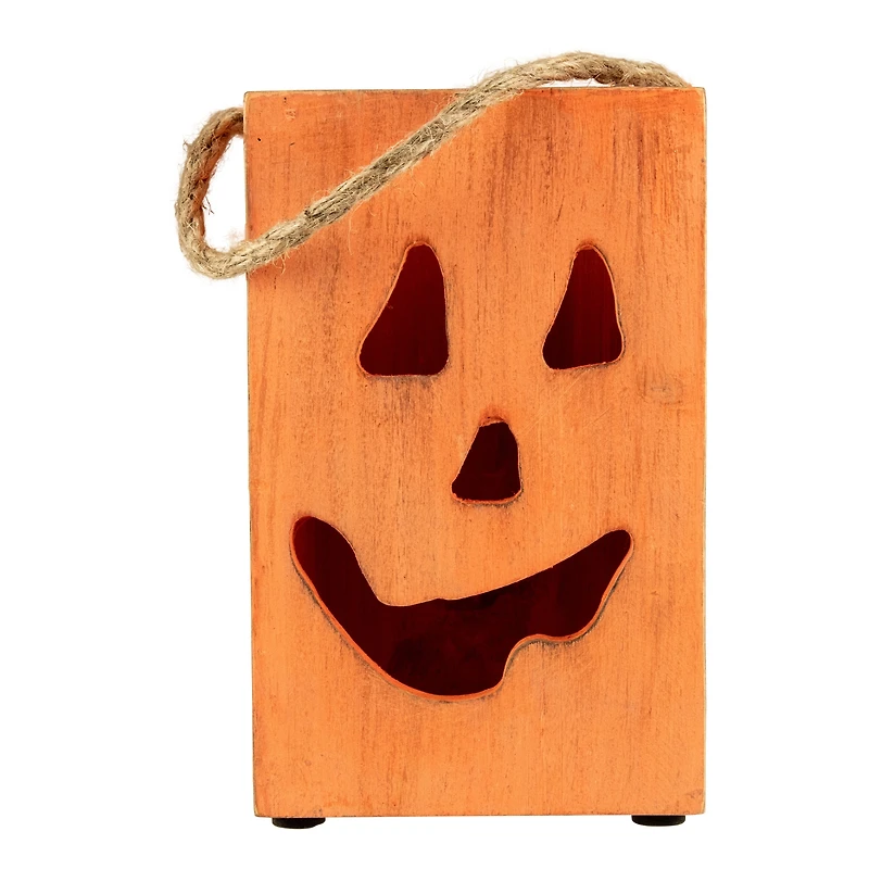8" Large Orange Wood Jack-O-Lantern Halloween Candle Lantern