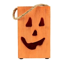 8" Large Orange Wood Jack-O-Lantern Halloween Candle Lantern