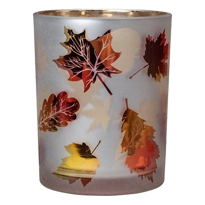 5" Matte White & Gold Autumn Leaves Flameless Glass Candle Holder