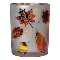5" Matte White & Gold Autumn Leaves Flameless Glass Candle Holder