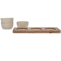 Hello Honey® Cream Stoneware Bowls & Natural Mango Wood Tray Set