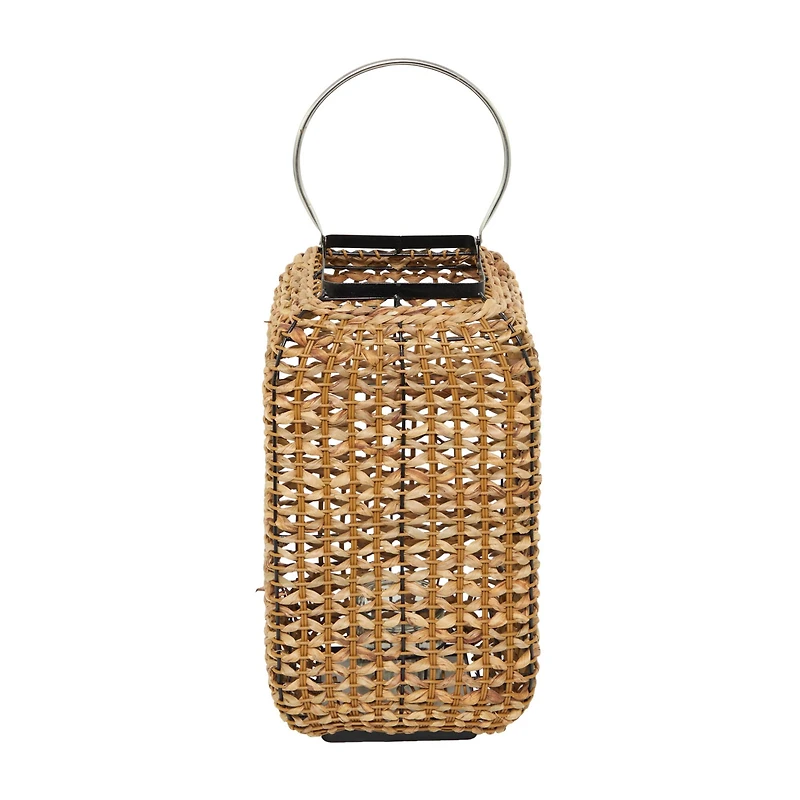 20" Brown Dried Plant Handmade Rattan Weaved Candle Lantern with Glass Holder and Handle