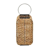 20" Brown Dried Plant Handmade Rattan Weaved Candle Lantern with Glass Holder and Handle