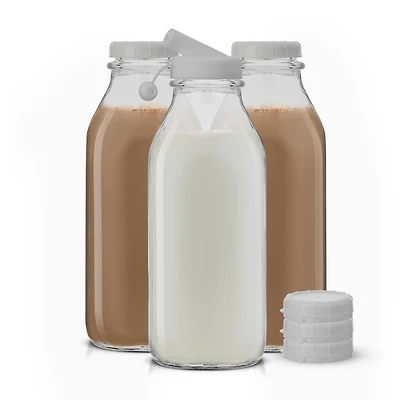 JoyJolt® Reusable Glass Milk Bottle Set with Lid & Pourer