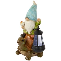12.5" Solar LED-Lit Gnome & Turtle Outdoor Garden Statue