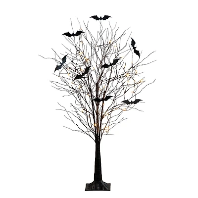 5ft. Pre-Lit Artificial Halloween Black Twig Tree with Bats and 50 Warm White LED Lights