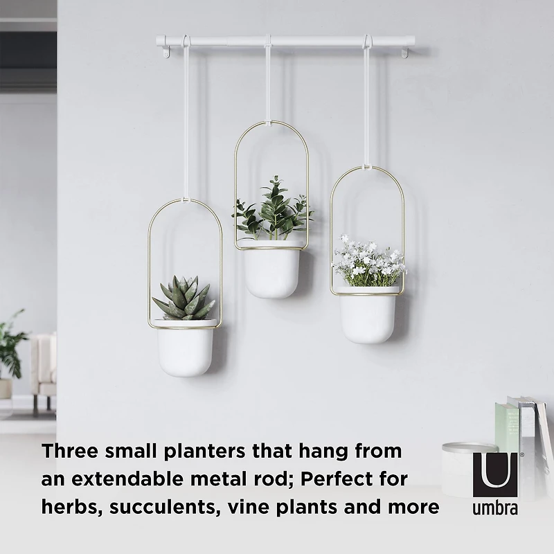 Umbra White & Brass Triflora Hanging Planter Set
