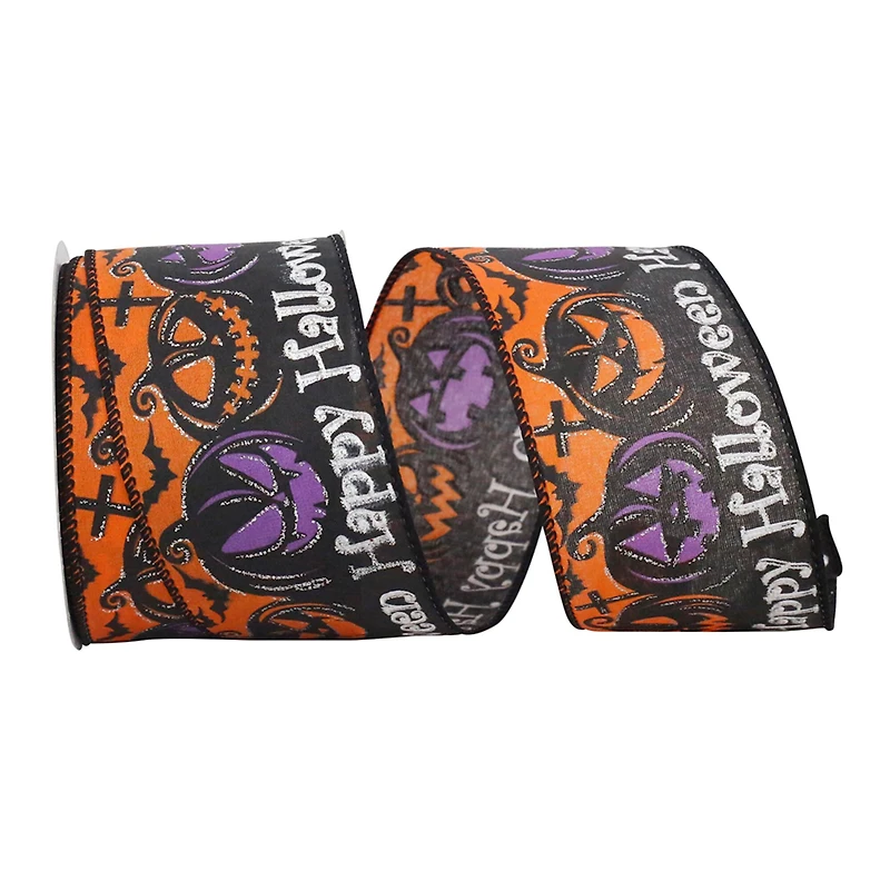 Reliant 2.5" x 10yd. Orange & Purple Spooky Halloween Jack-o-Lantern Wired Ribbon