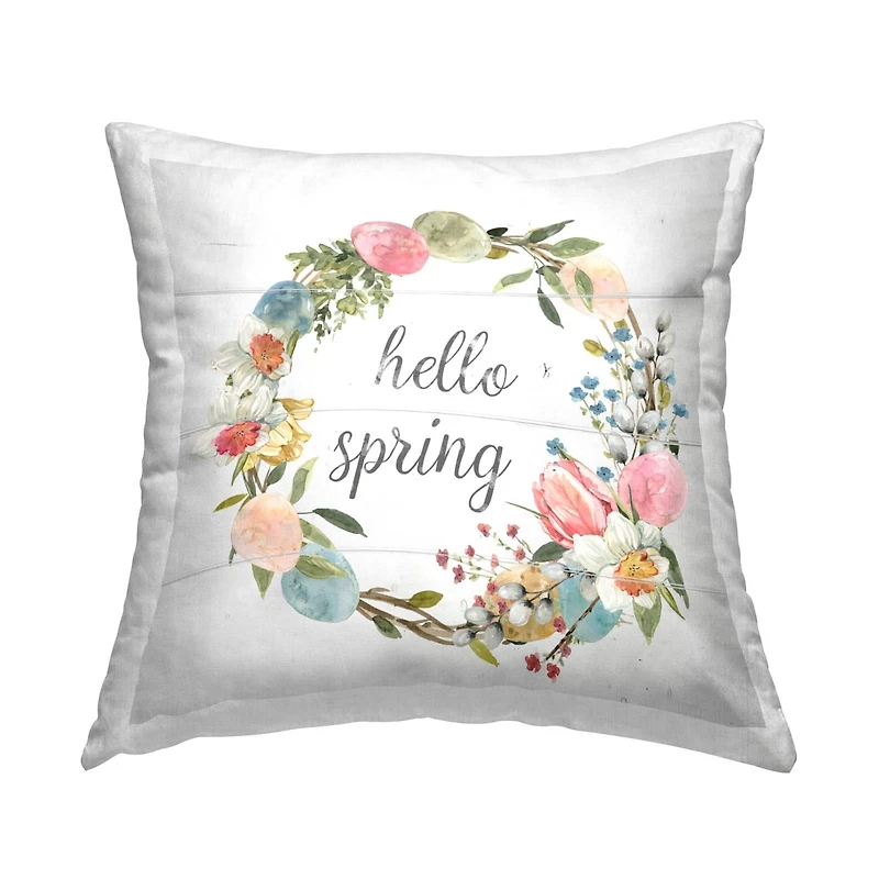 Stupell Industries Hello Spring Pastel Floral Wreath Petals Throw Pillow, 18" x 18"