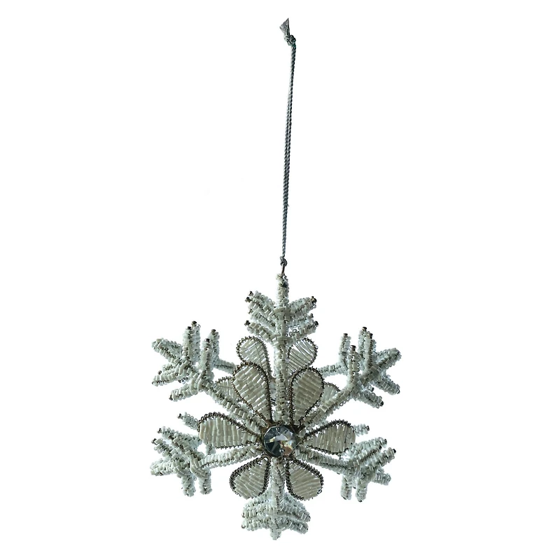 Hello Honey® 5.5" Silver & White Beaded Snowflake Metal & Glass Ornament