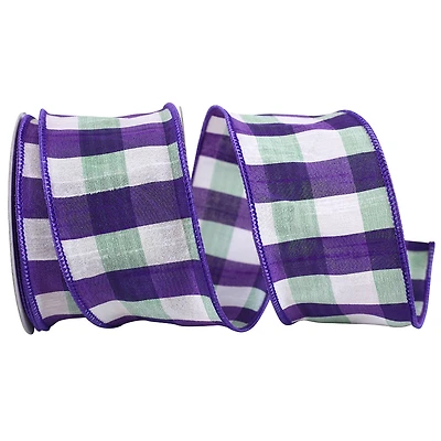 JAM Paper 2.5" x 10yd. Purple & Green Shadow Check Wired Dupioni Ribbon