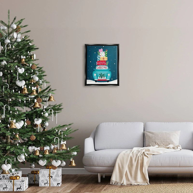 Stupell Industries Merry Christmas Stacked Gifts Car Framed Floater Canvas Wall Art