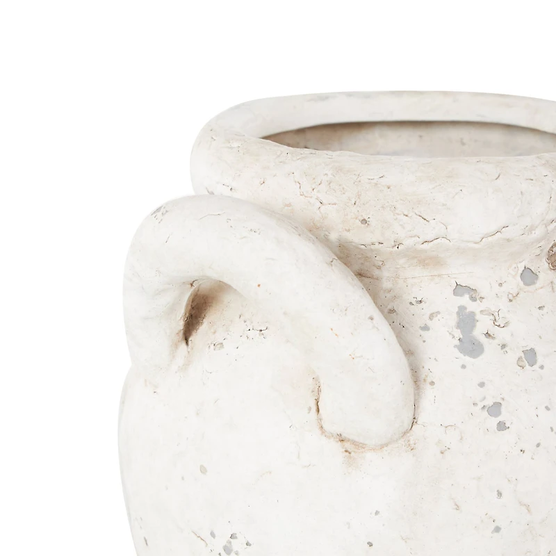 8.25" Cream Ceramic Antique Style Distressed Decorative Vase with Handles