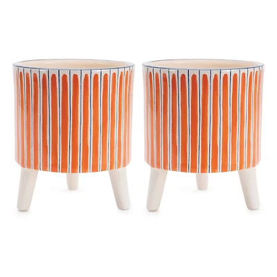 5.5" Orange Stripe Dolomite Footed Planters, 2ct.
