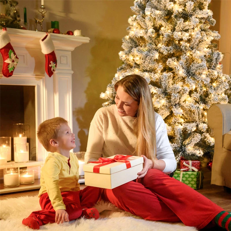 Costway 7.5ft. Pre-Lit Snow-Flocked Artificial Christmas Tree, Warm White LED Lights