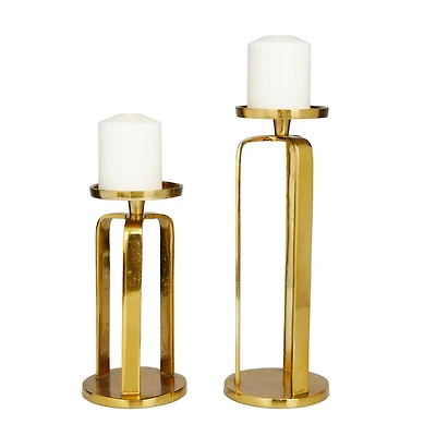 Set of 2 Gold Aluminum Modern Candle Holder, 14" x 5" x 5"