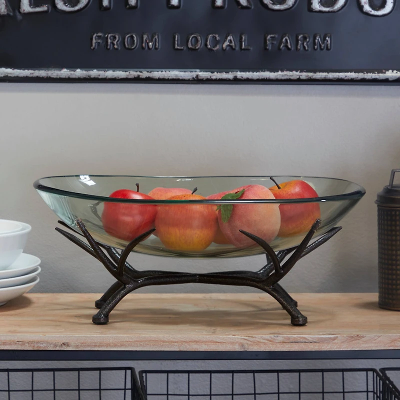 17" Kitchen Glass Serving Bowl with Black Metal Branch Stand