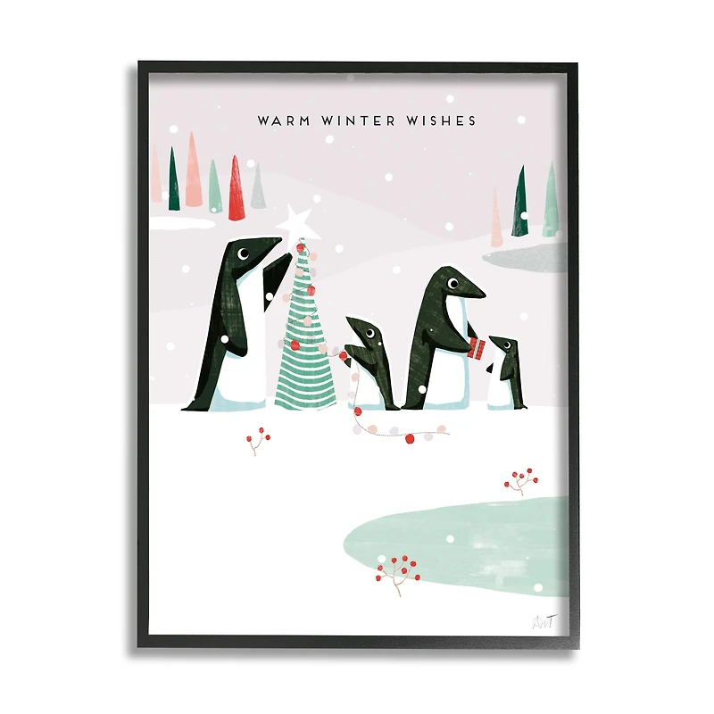 Stupell Industries Warm Winter Wishes Snowy Penguins Framed Giclee Art
