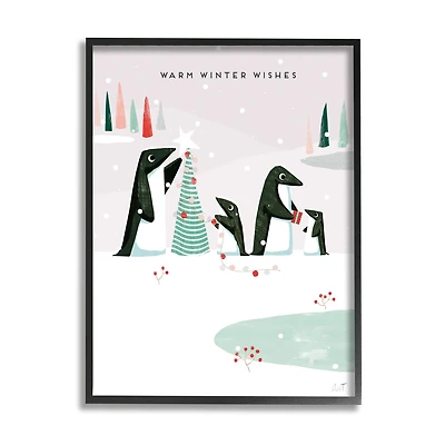 Stupell Industries Warm Winter Wishes Snowy Penguins Framed Giclee Art