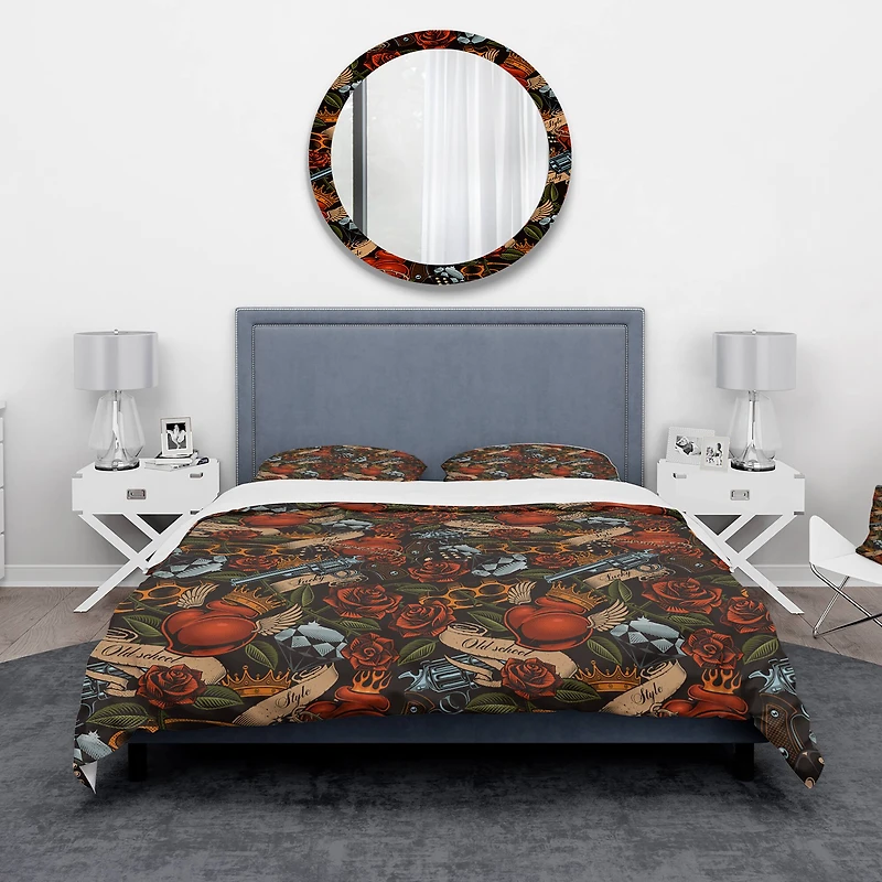 Designart 'Old school tattoo pattern' Floral Bedding Set