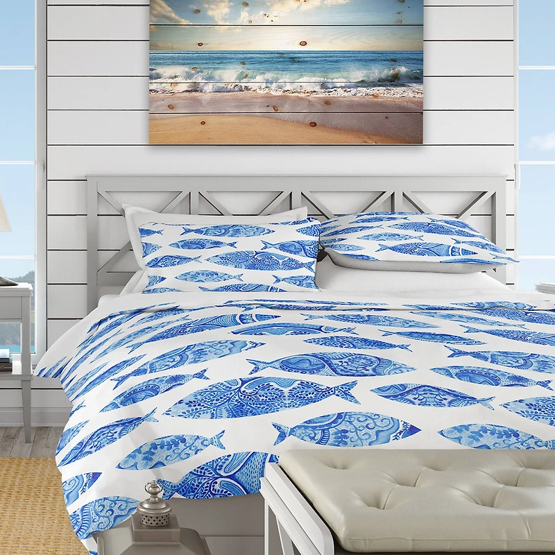 Designart Pattern with Fishes Nautical & Coastal Duvet Cover Set